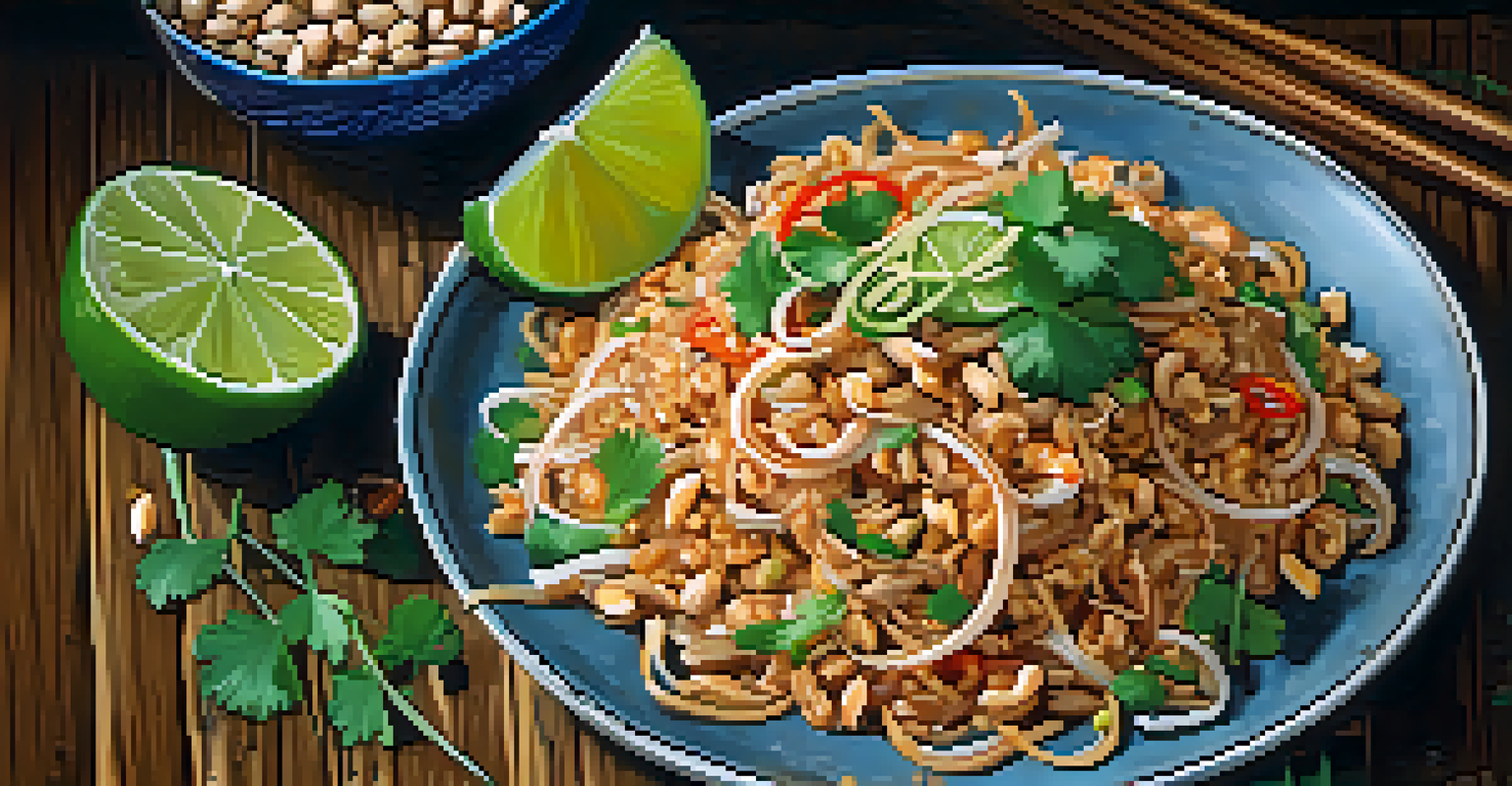 A close-up of a plated Pad Thai dish, garnished with lime, peanuts, and cilantro, presented on a traditional plate on a rustic wooden table.