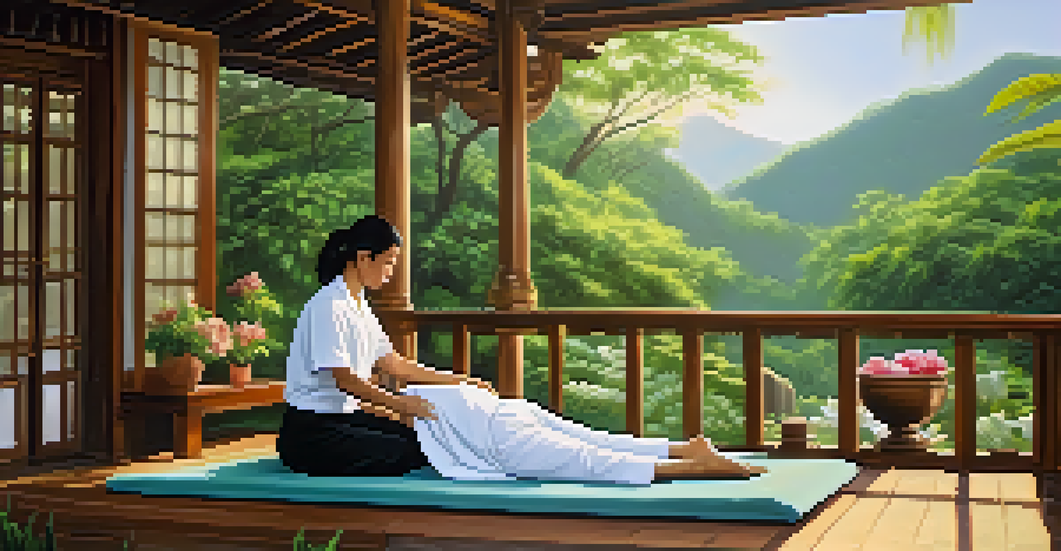 An outdoor Thai massage scene with a mat on a deck, surrounded by greenery, showing a therapist and a client stretching.