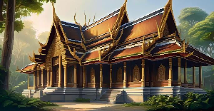 A wooden Thai temple with intricate carvings surrounded by greenery and soft sunlight.