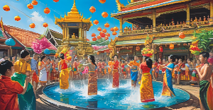 A lively Thai New Year water festival with people splashing water, wearing colorful clothes, and traditional decorations in a sunny outdoor setting.