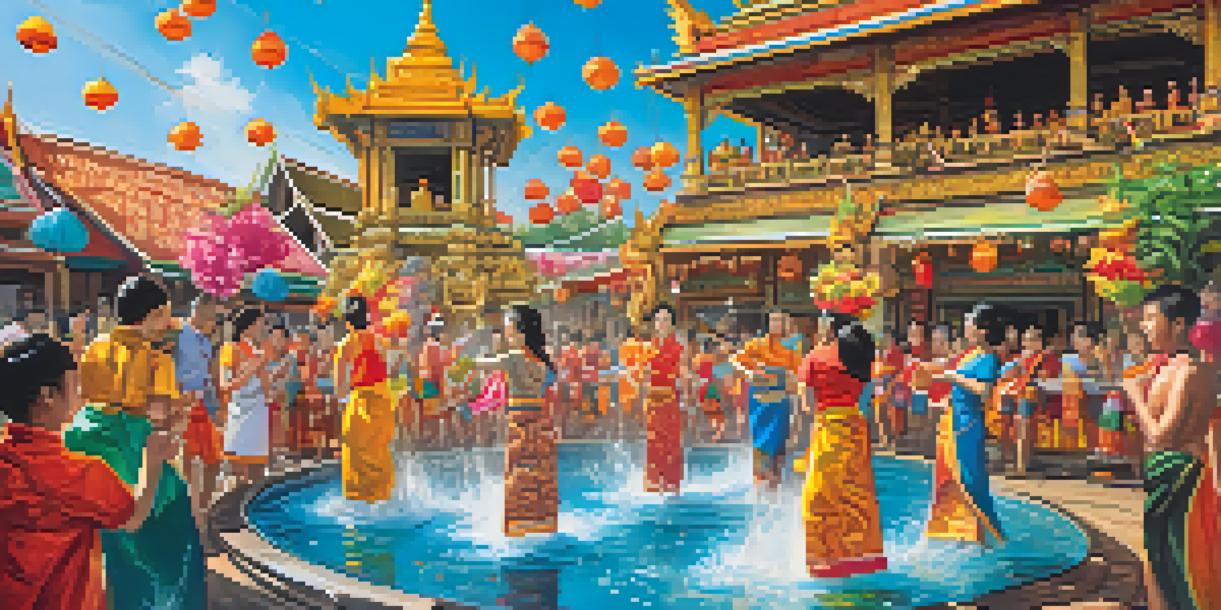 A lively Thai New Year water festival with people splashing water, wearing colorful clothes, and traditional decorations in a sunny outdoor setting.