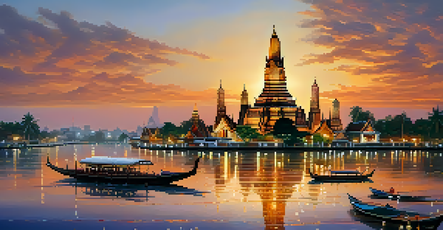 Wat Arun at sunrise with colorful central prang and reflecting river, creating a serene atmosphere.