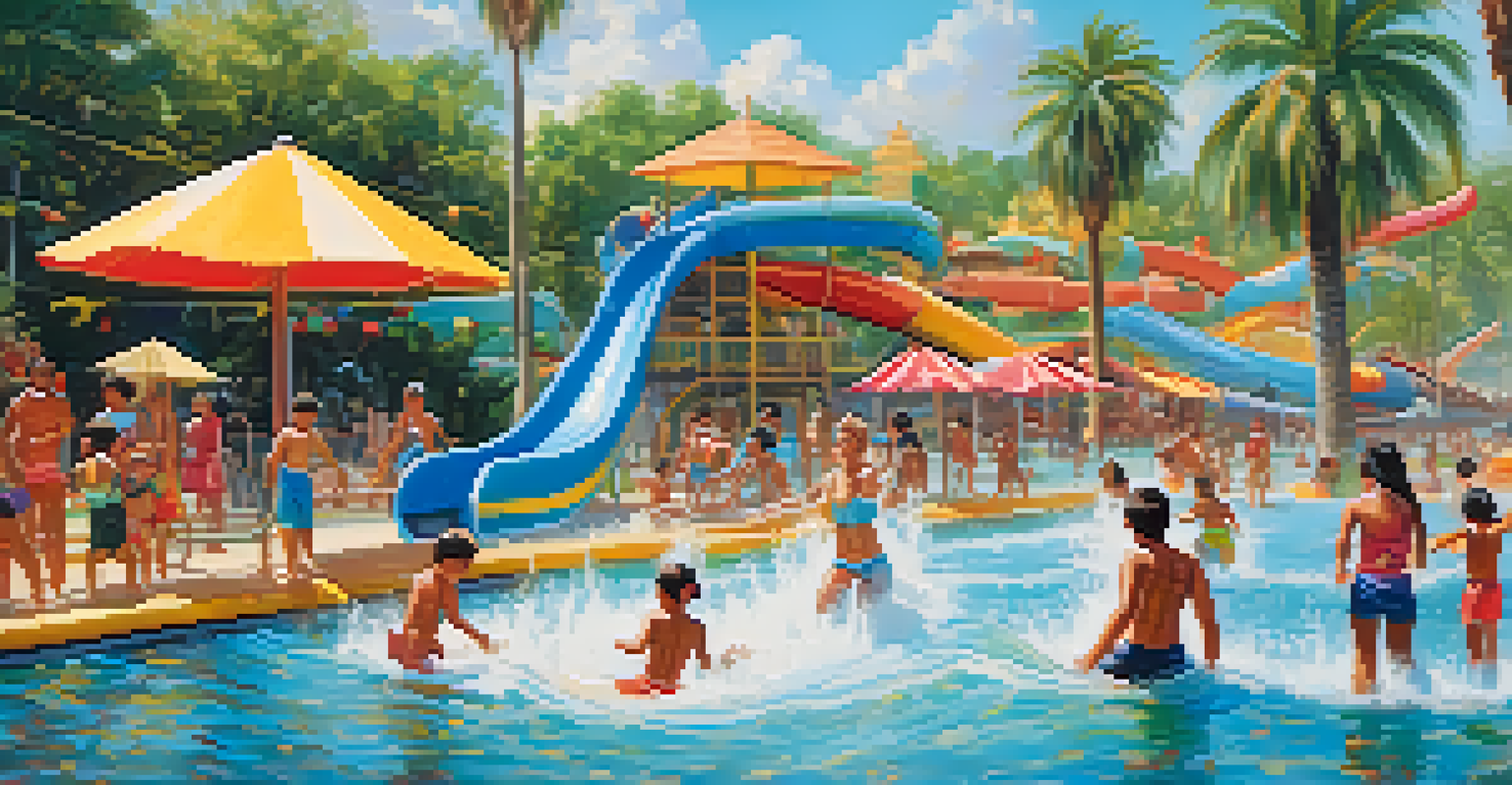 Children splashing in a wave pool at a Thai water park, with colorful slides and palm trees in the background.