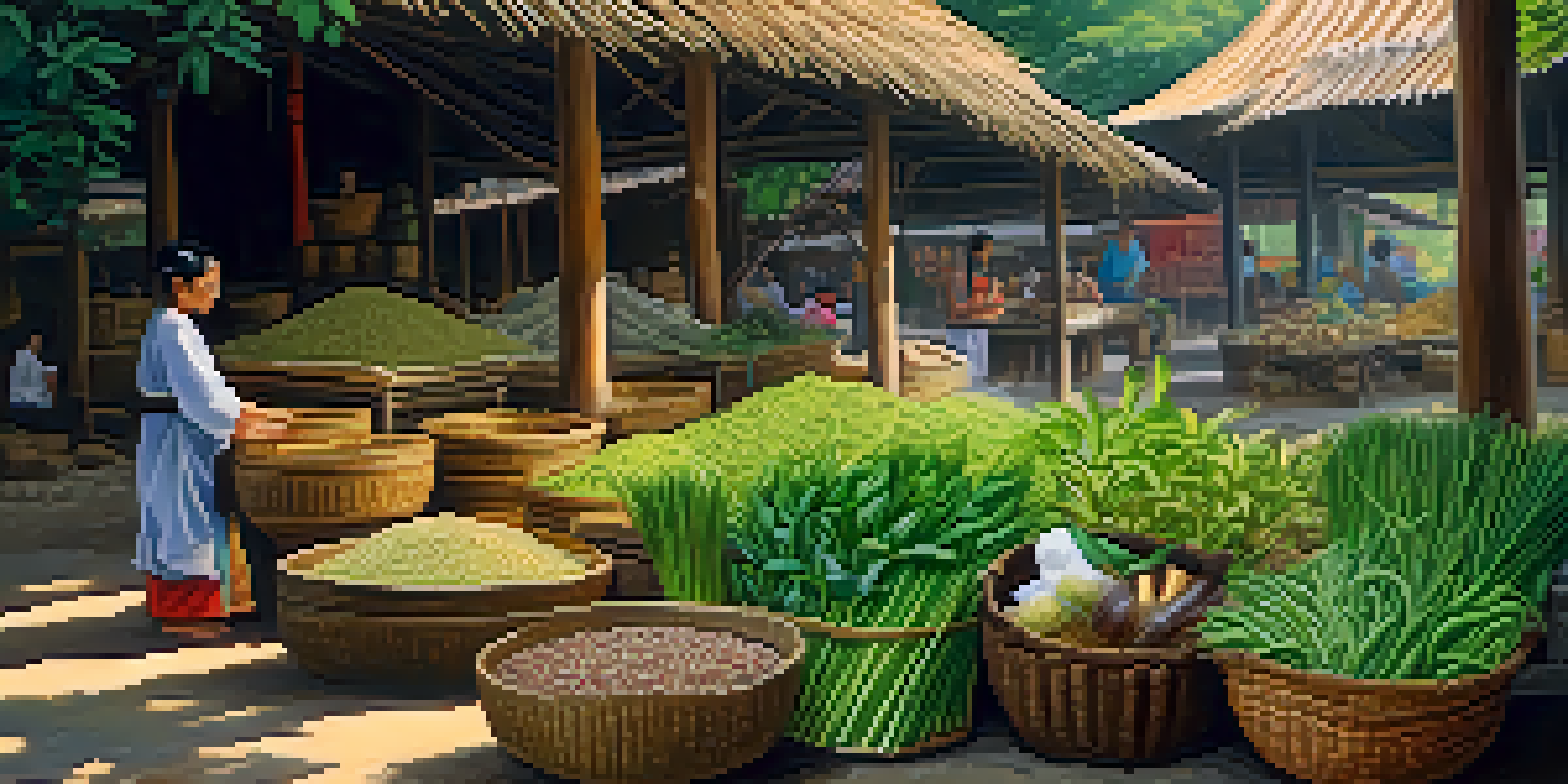 A traditional Thai herbal market with a herbalist selecting fresh herbs. Bright sunlight filters through trees, illuminating vibrant herbs and spices arranged on wooden stalls.