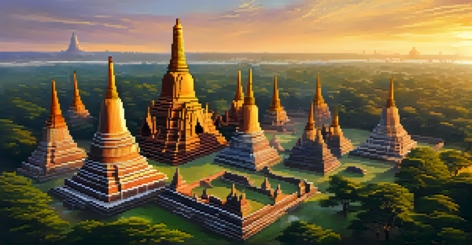 Aerial view of Ayutthaya's archaeological park at sunset, highlighting the ancient temples and their intricate architecture against a colorful sky.