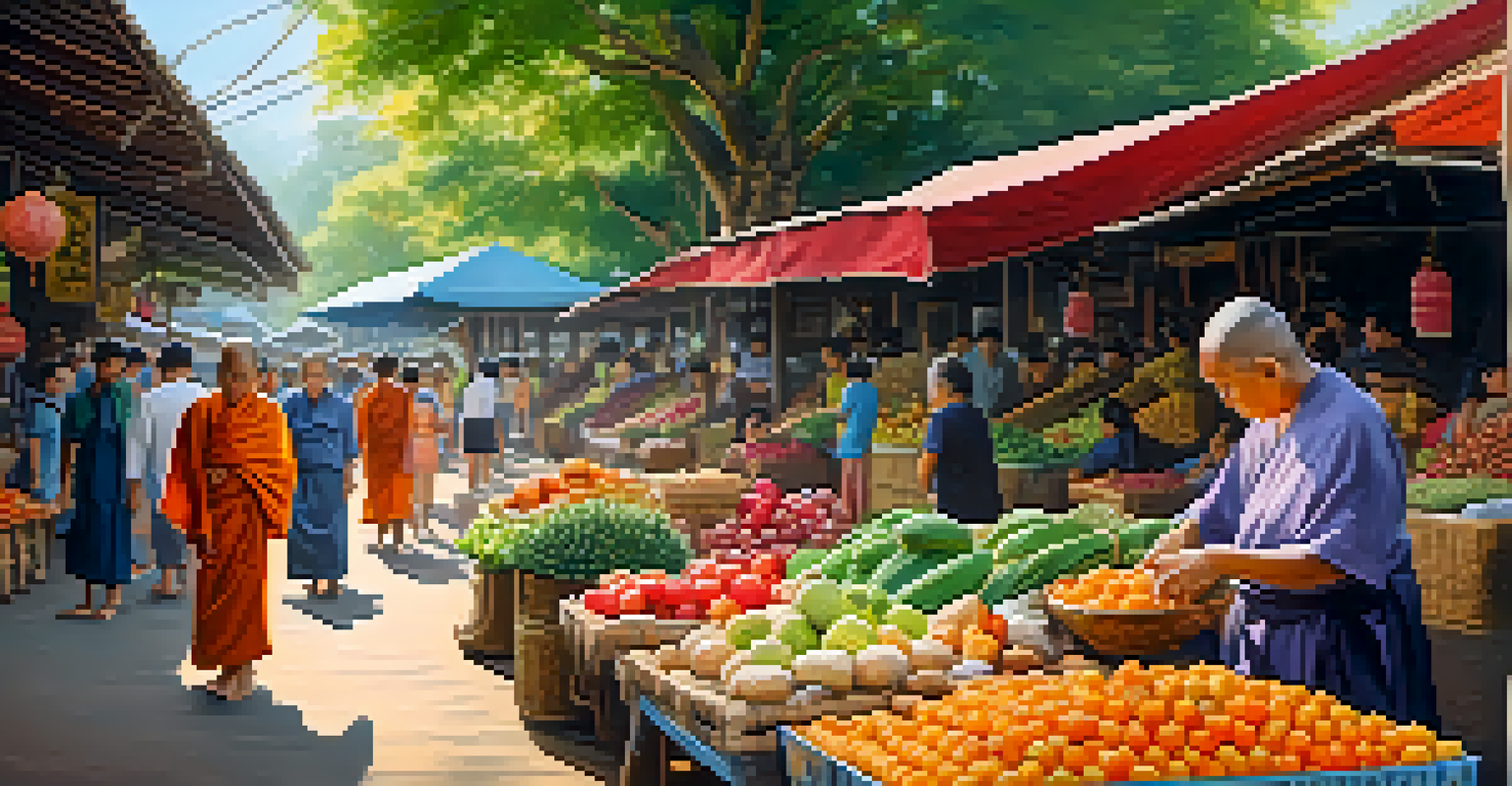 A monk receiving alms from an elderly woman at a vibrant Thai market, surrounded by fruits and vegetables.