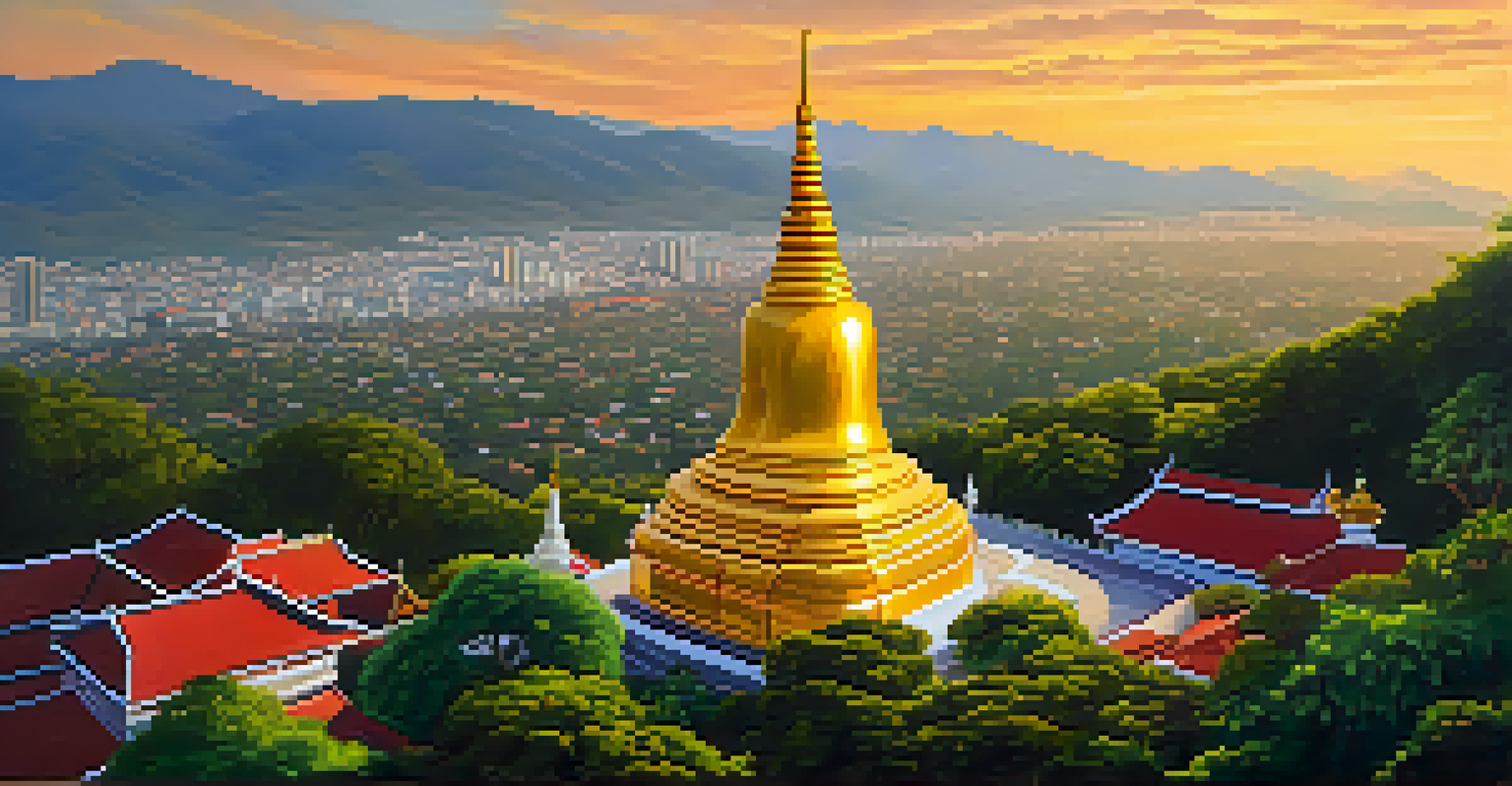 A peaceful view of Wat Phra That Doi Suthep with golden stupa and lush surroundings during sunset.
