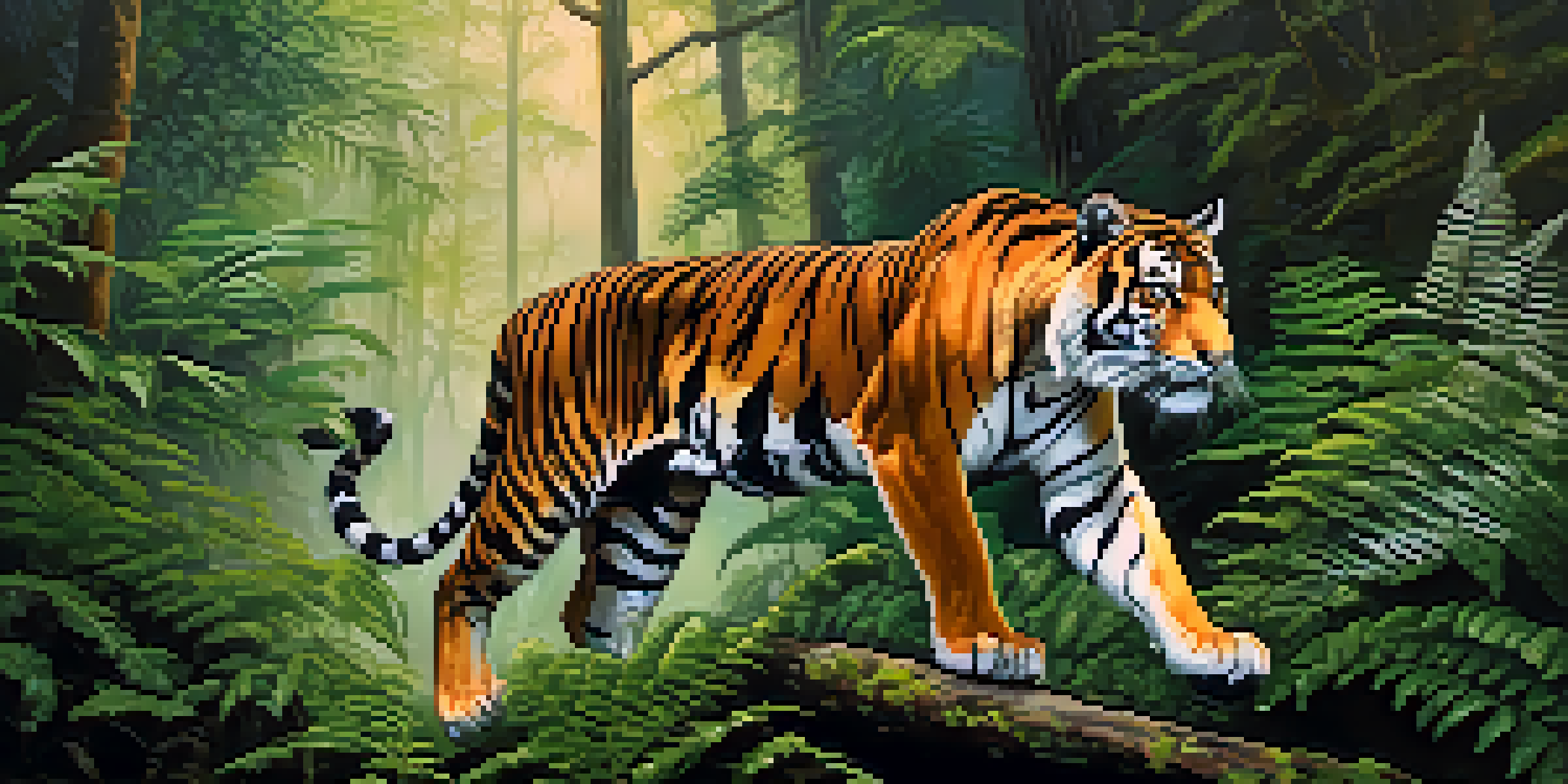 A majestic tiger in a misty forest, surrounded by lush greenery and dappled sunlight.