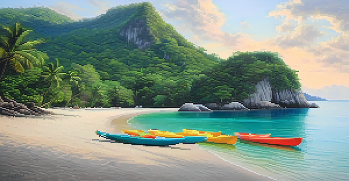 A tranquil beach scene on Koh Tarutao with turquoise waters and soft white sand, surrounded by greenery and pastel dawn sky.