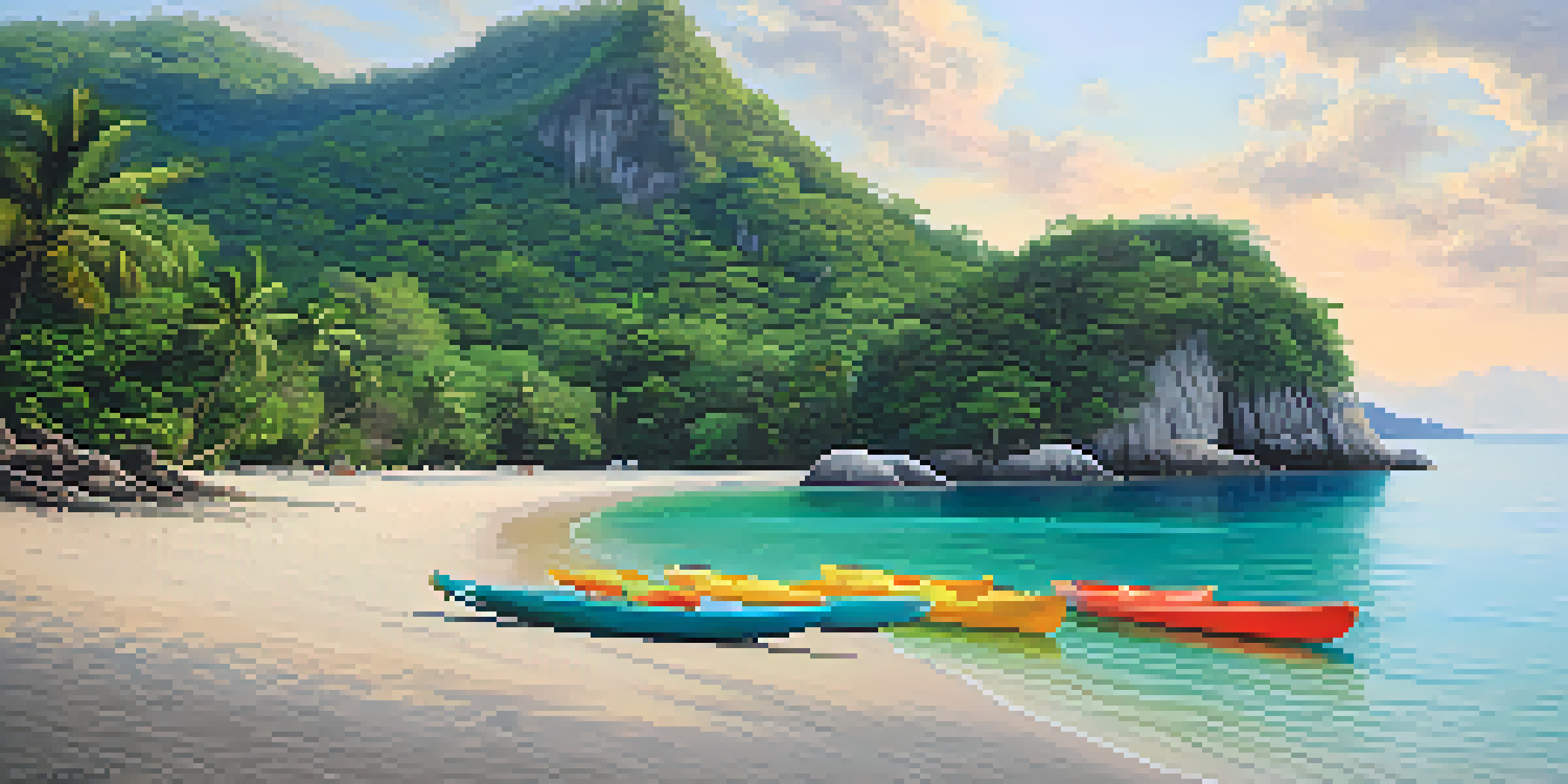 A tranquil beach scene on Koh Tarutao with turquoise waters and soft white sand, surrounded by greenery and pastel dawn sky.