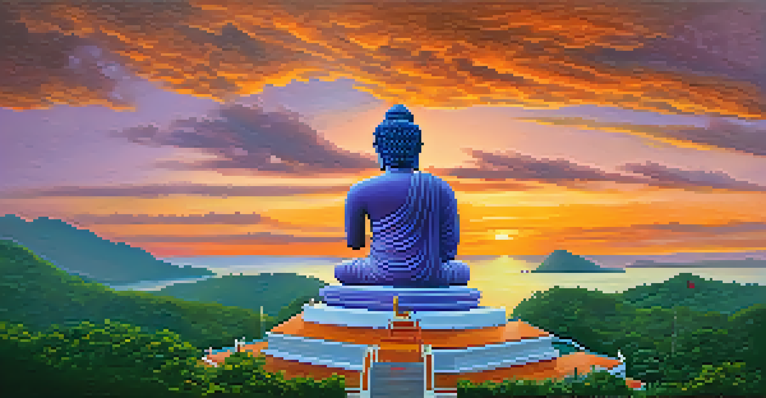 The Big Buddha statue in Phuket against a colorful sunset sky, overlooking the island and ocean.