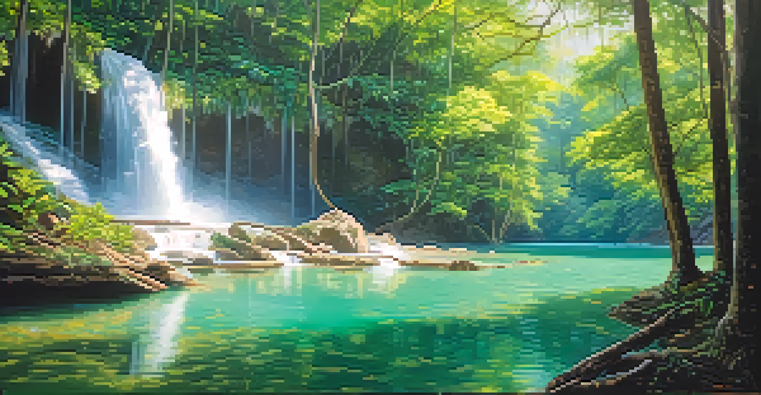 A beautiful view of Erawan Waterfall in Thailand, showcasing its multiple tiers and surrounding lush vegetation.