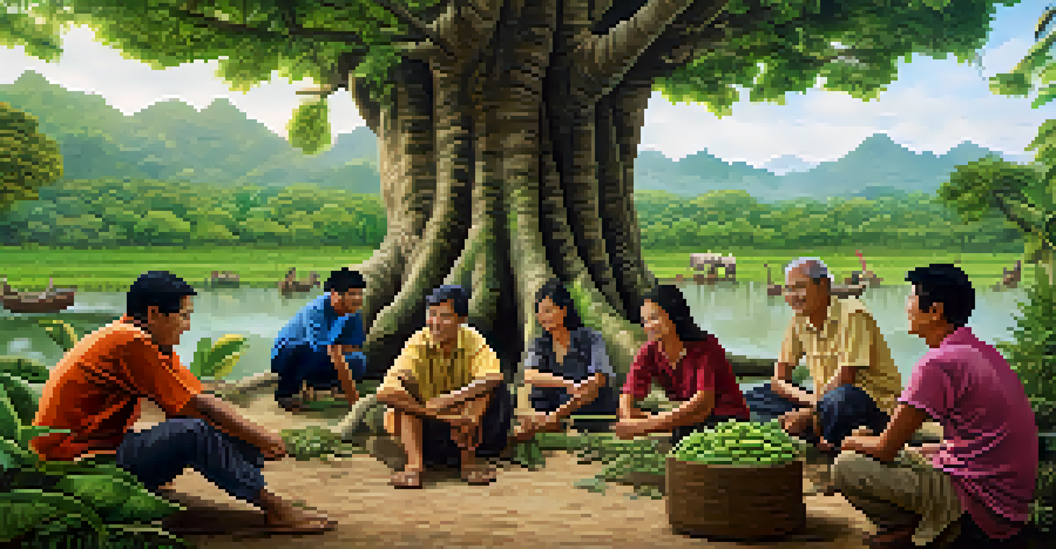 Local community members in Thailand discussing conservation efforts around a large tree in a lush green environment.