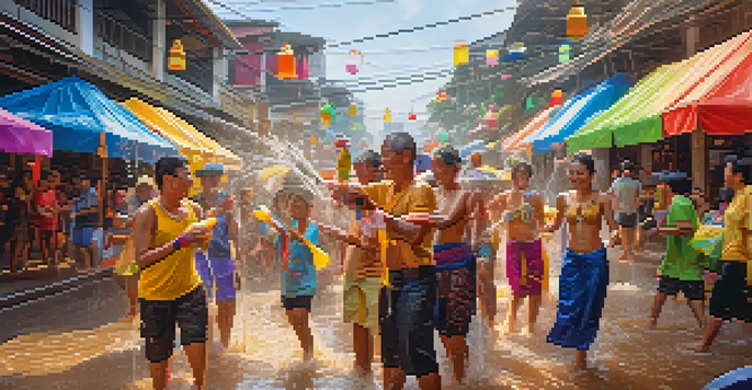 A lively street scene depicting the Songkran Festival in Thailand, with people enjoying water fights and wearing traditional attire.