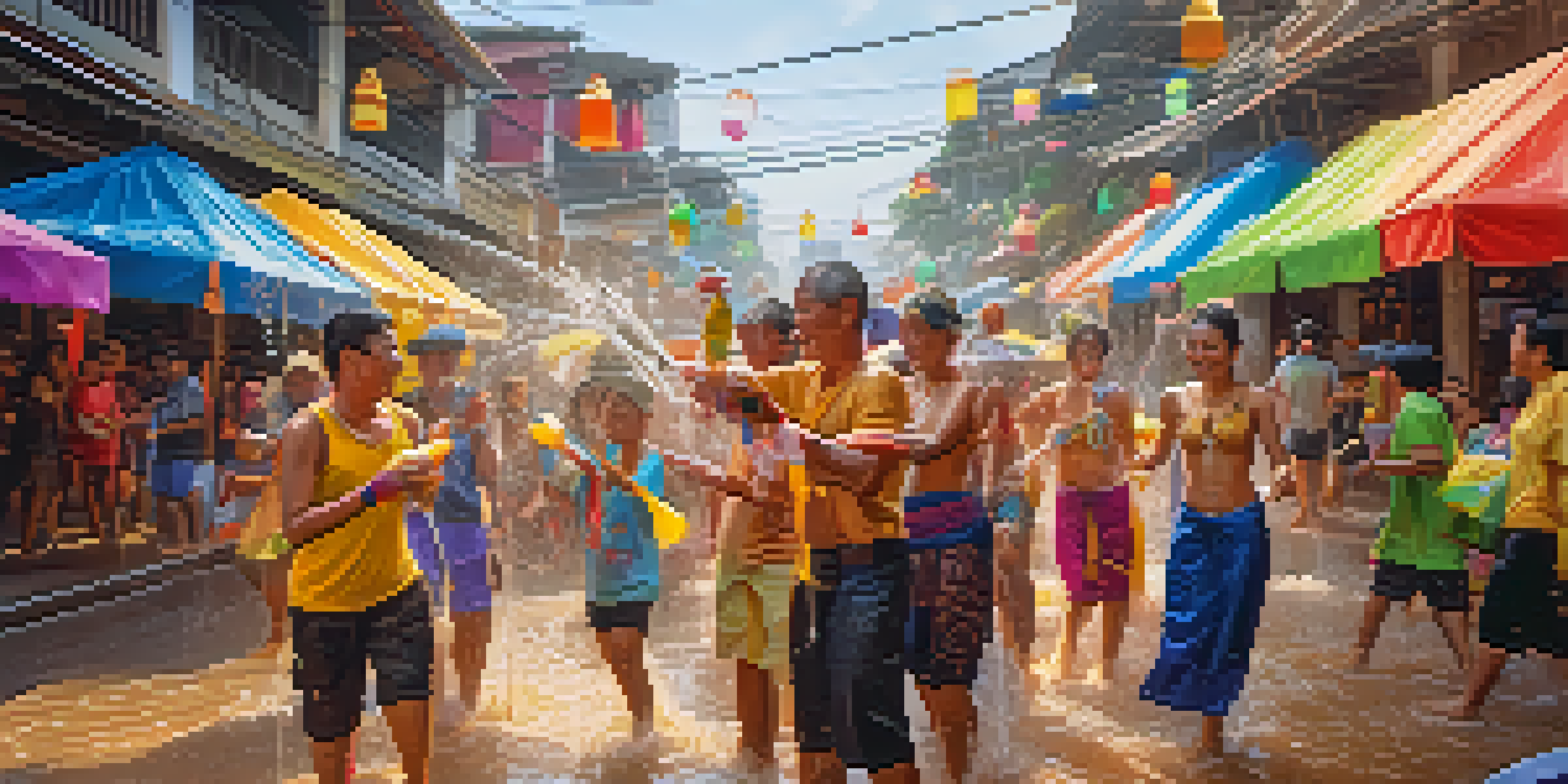 A lively street scene depicting the Songkran Festival in Thailand, with people enjoying water fights and wearing traditional attire.