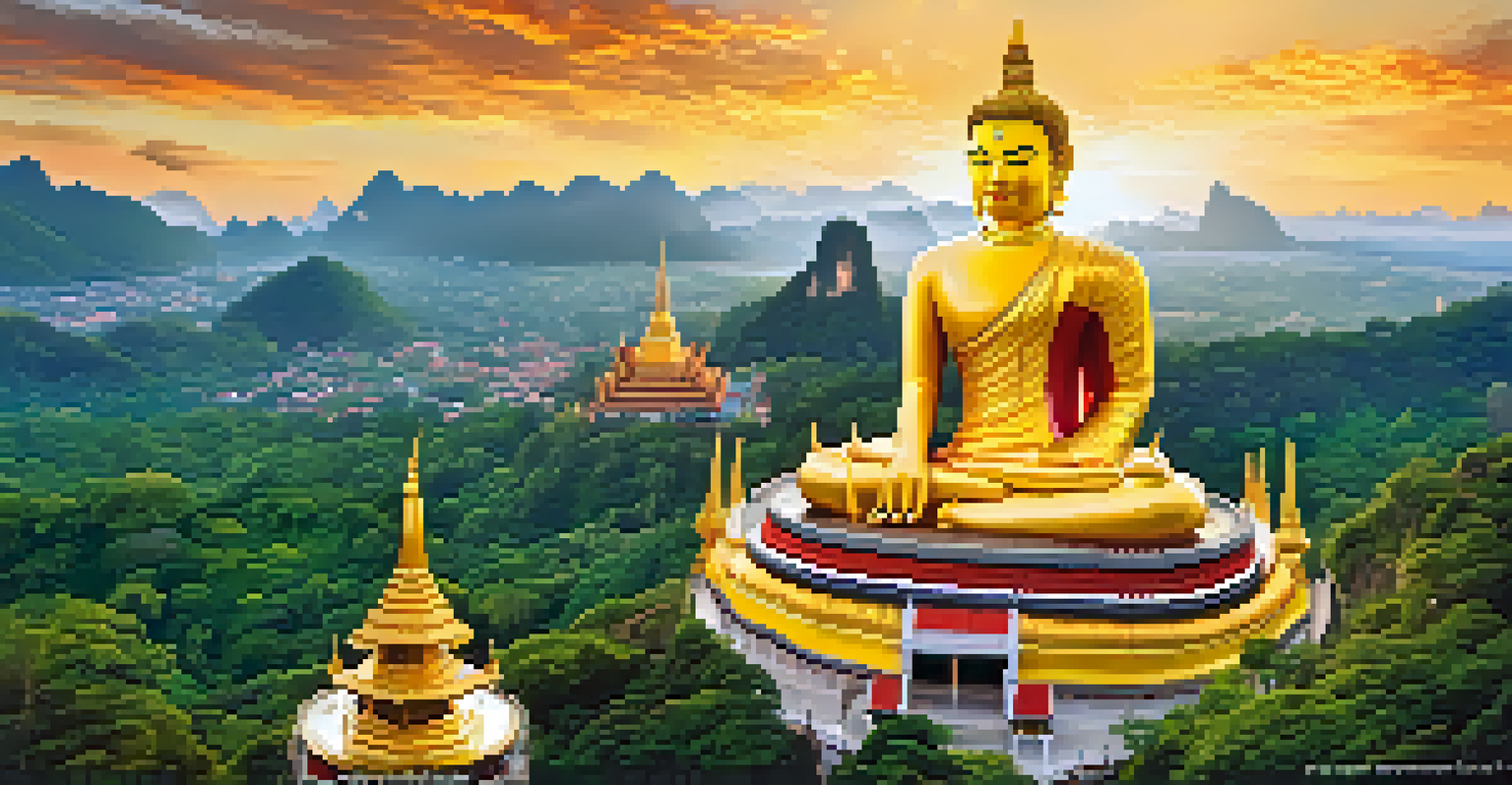 A stunning view of the Tiger Cave Temple in Krabi with intricate statues and lush forest, set against a sunset sky, showcasing the steps leading up to the temple.