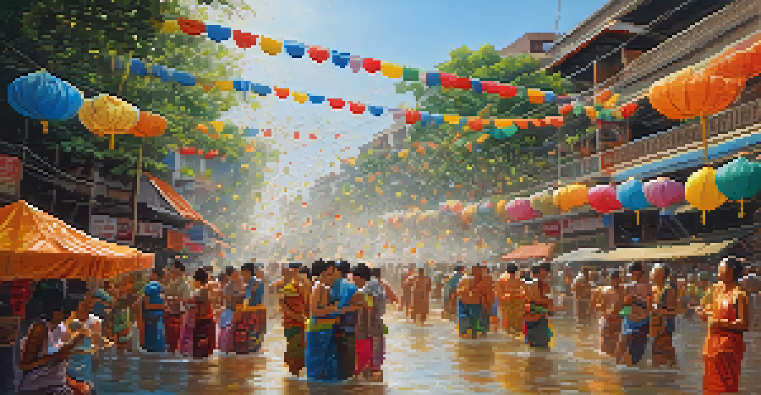 People celebrating Songkran festival by splashing water on each other, with colorful decorations and a Buddha statue float in the background.