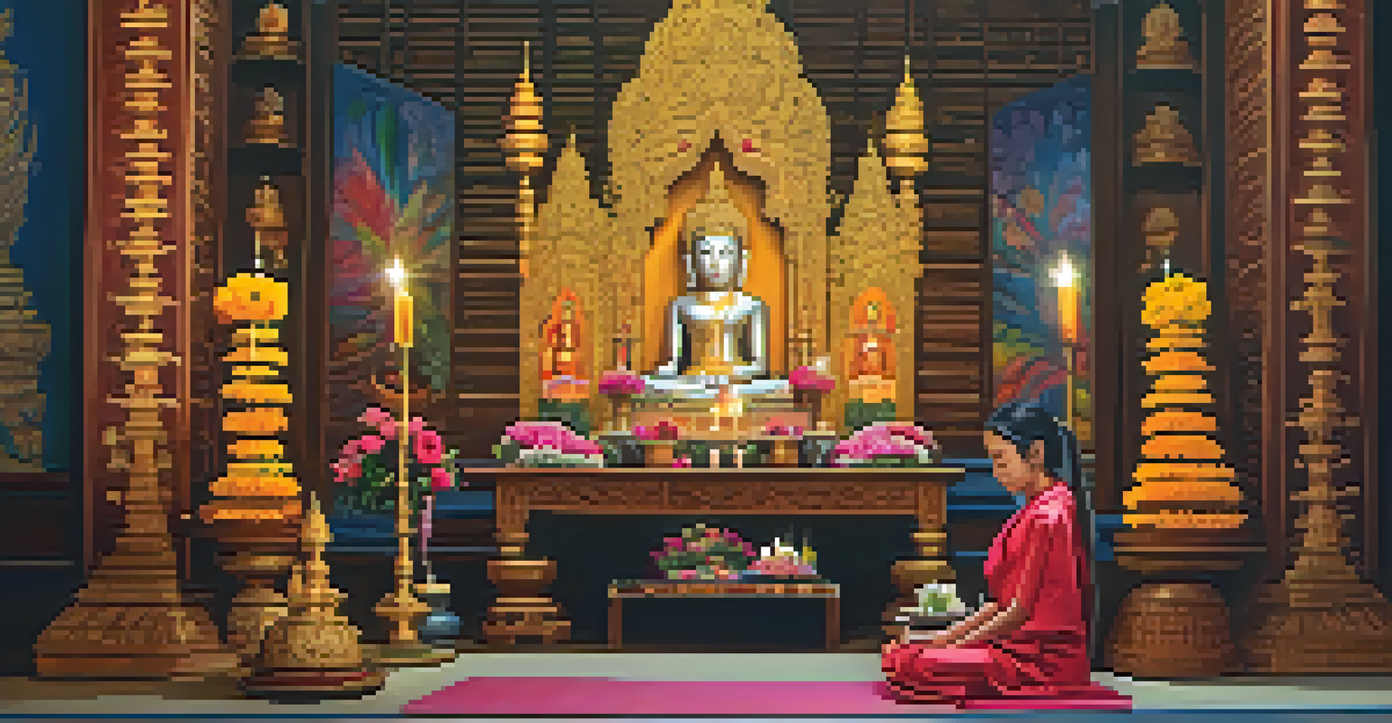 A vibrant home altar in Thailand filled with offerings of flowers, incense, and candles, with a person in prayer in the background.