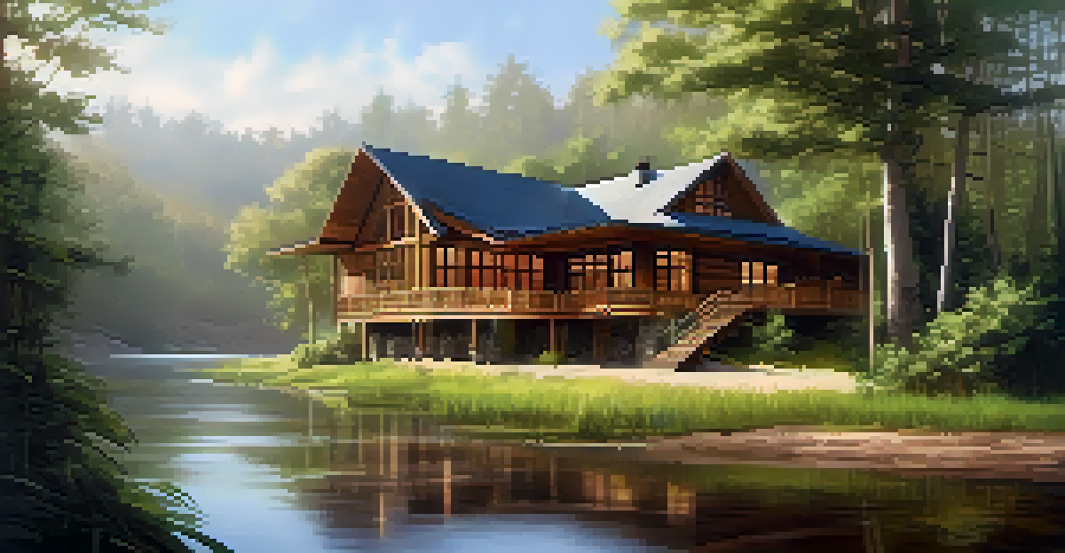 An eco-lodge surrounded by nature, featuring sustainable architecture and a peaceful river nearby, bathed in morning light.