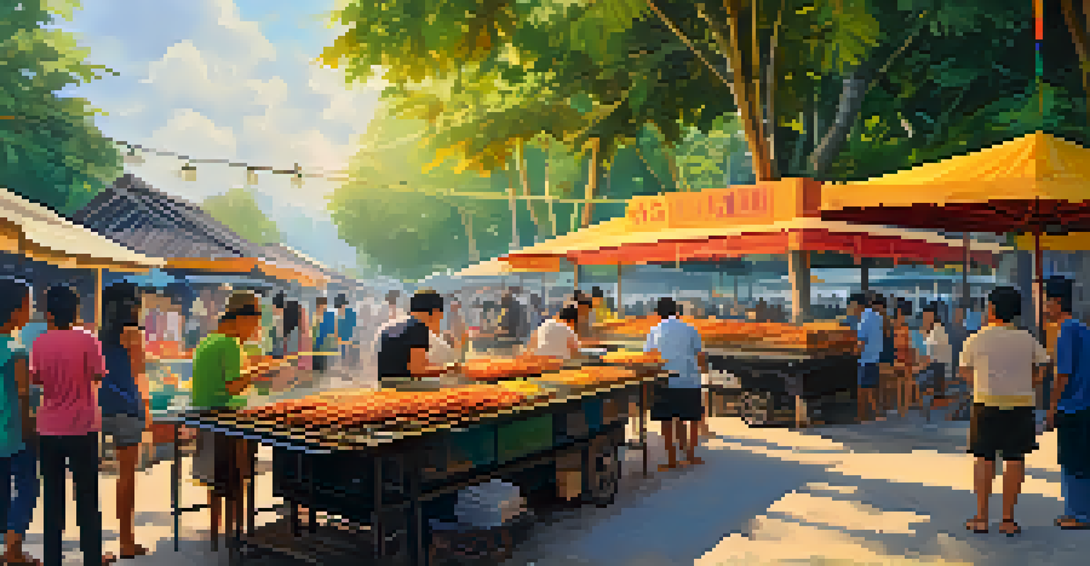 A lively Thai street food market with vendors grilling satay and serving mango sticky rice.
