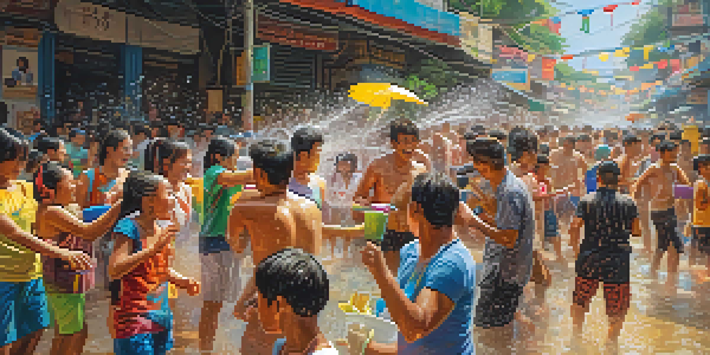 A lively street filled with people enjoying the Songkran Festival, engaging in playful water fights with colorful water guns and buckets in the bright sunlight.
