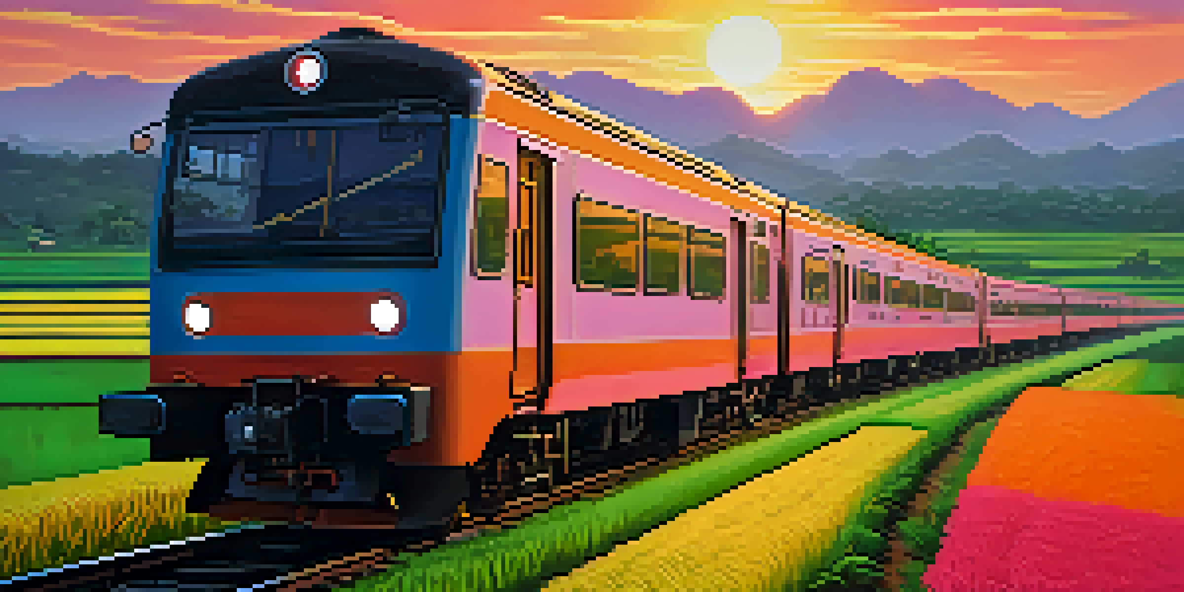 A scenic view of a train traveling through lush rice paddies at sunset, with farmers in the foreground and a colorful sky.