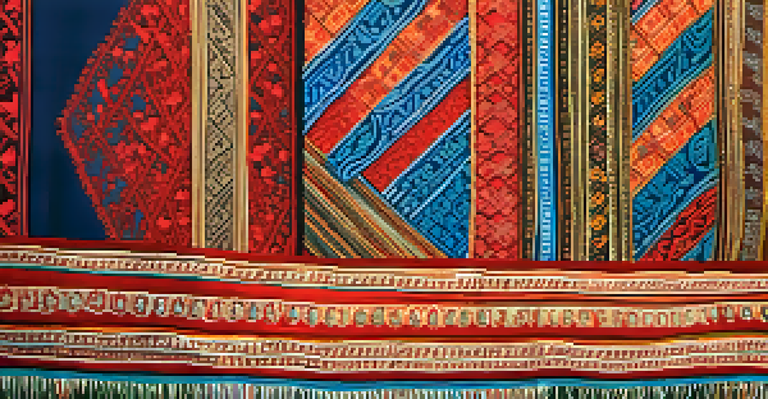 A close-up view of colorful traditional Thai textiles at a cultural festival, with intricate designs and artisans weaving in the background.