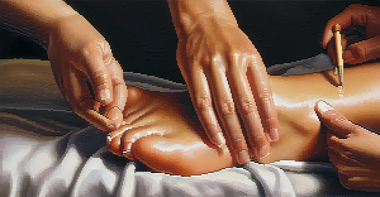 A close-up image of hands applying acupressure on a foot, highlighting skin texture and nails in a softly lit environment.