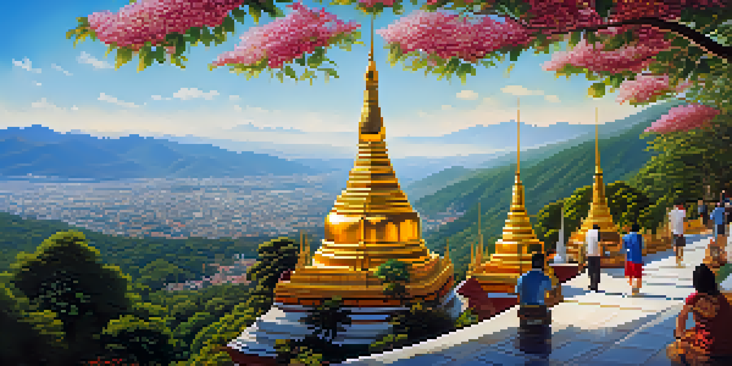 A scenic view of Wat Phra That Doi Suthep temple, showcasing its golden chedi and lush surroundings, with people walking towards the temple.