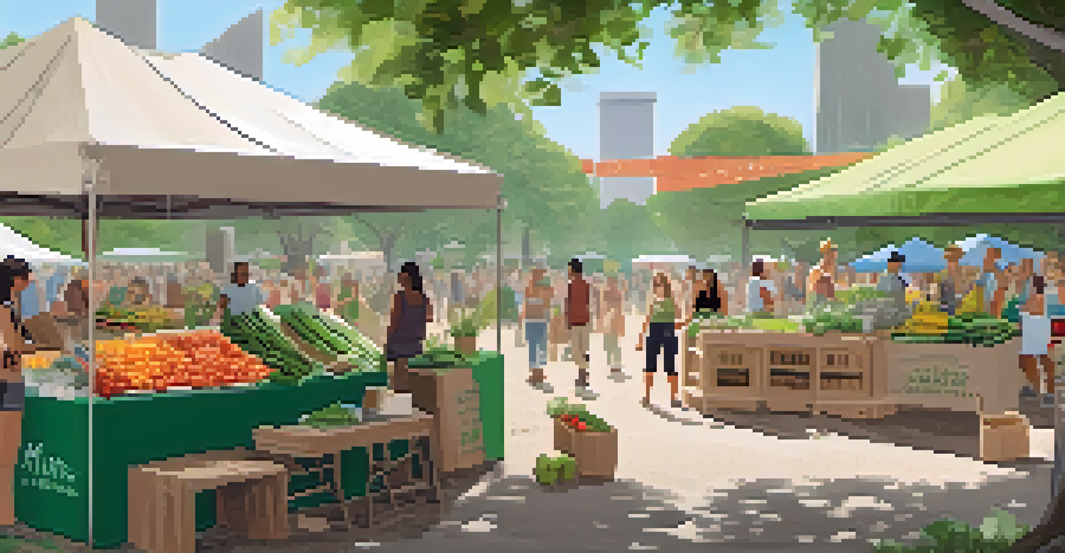 An eco-friendly festival with vendors showcasing organic produce and sustainable products, surrounded by greenery and recycling bins.