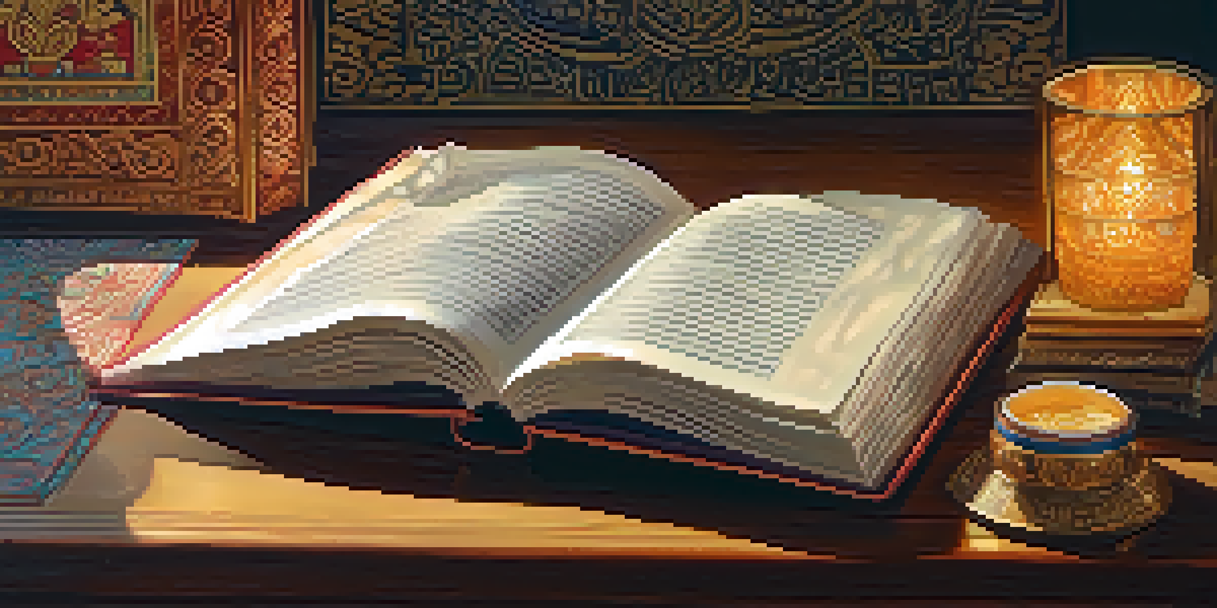 An open book with illustrated pages of Thai folklore and poetry on a wooden table, with patterned fabric in the background.