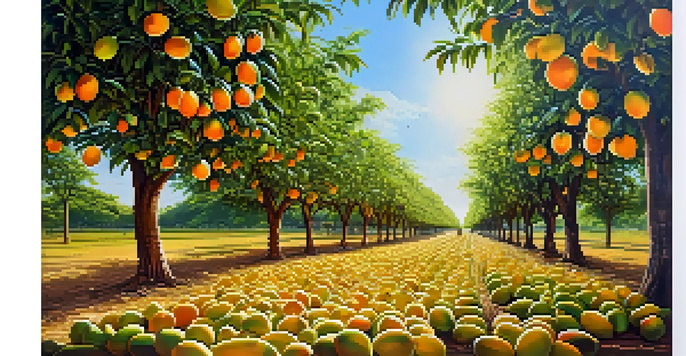 A lively Thai fruit orchard filled with families picking ripe mangoes under a clear blue sky, surrounded by lush greenery.