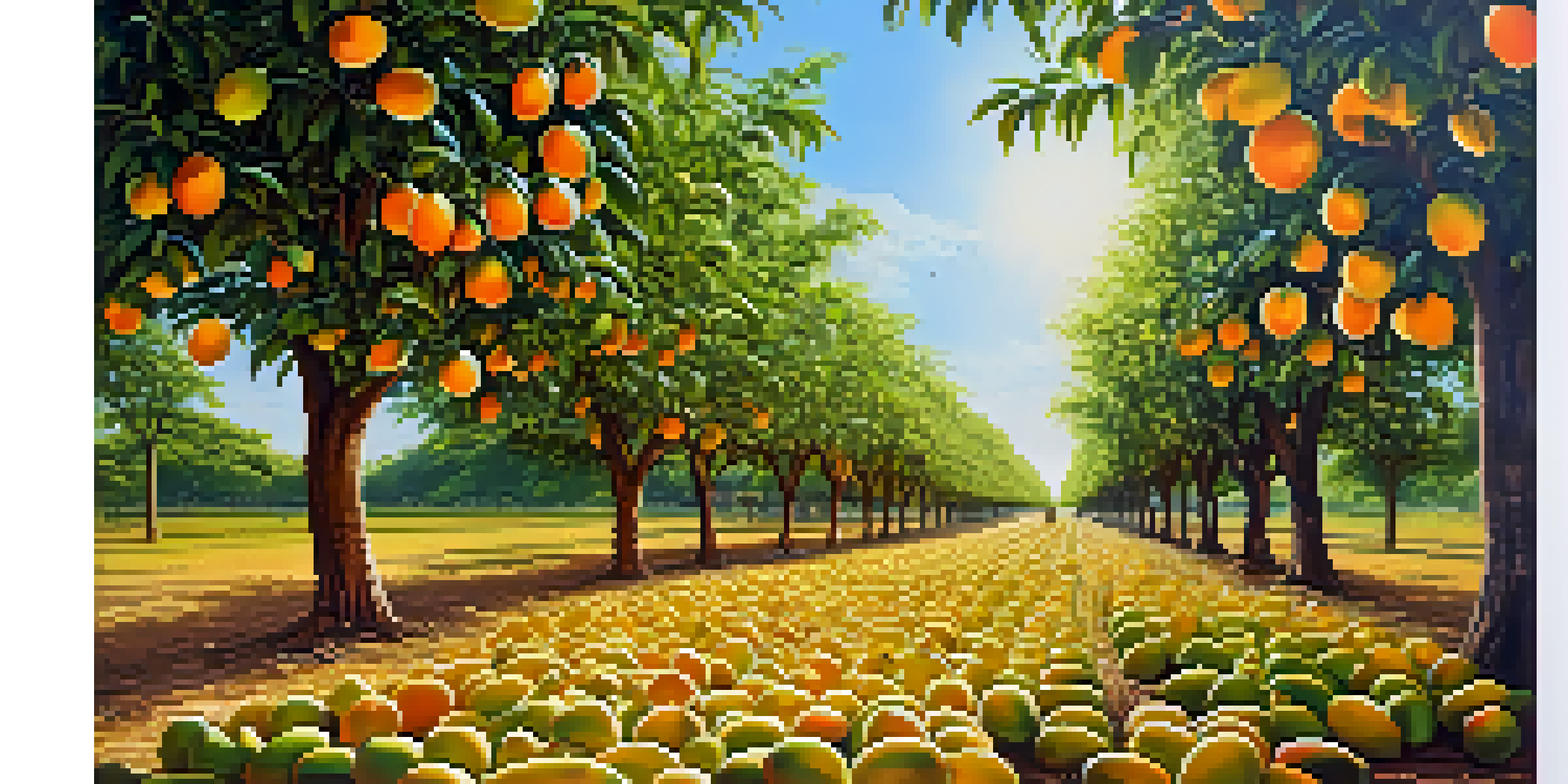 A lively Thai fruit orchard filled with families picking ripe mangoes under a clear blue sky, surrounded by lush greenery.