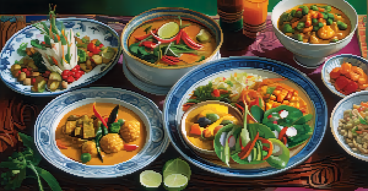 A beautifully arranged platter of colorful vegetarian dishes including Thai curry and stir-fried vegetables, illuminated by soft natural light.