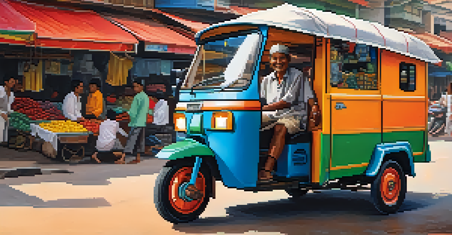 A smiling tuk-tuk driver next to his colorful vehicle on a busy street in Thailand.