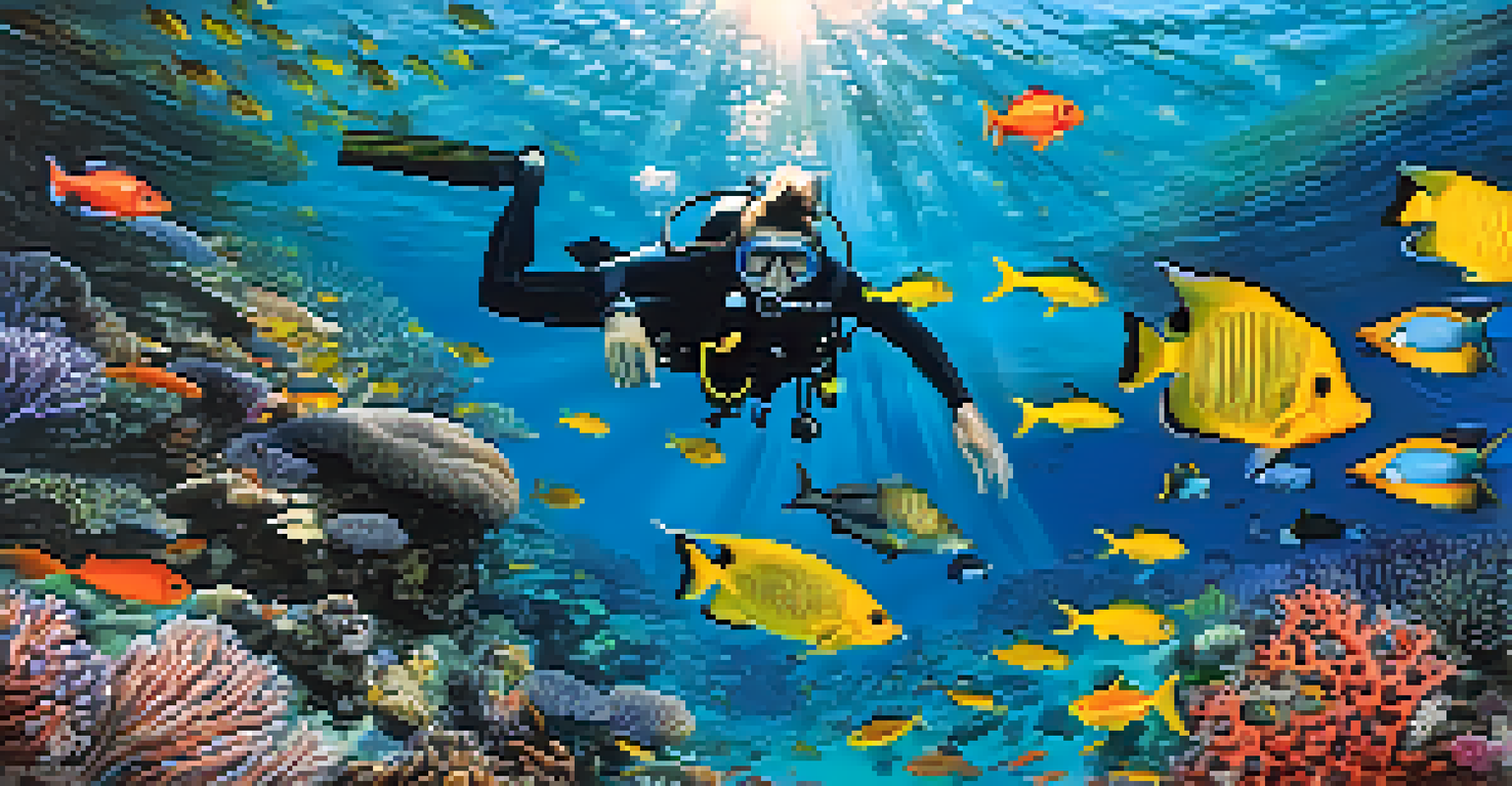 A diver exploring colorful coral reefs and marine life underwater.