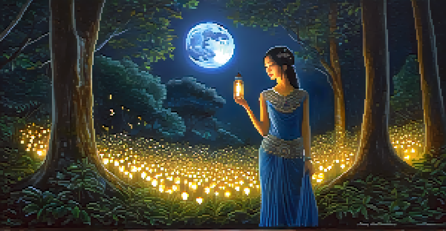 A mystical night scene with 'Nang Tani', a beautiful spirit in a flowing dress, standing under a full moon surrounded by fireflies in a dark forest.