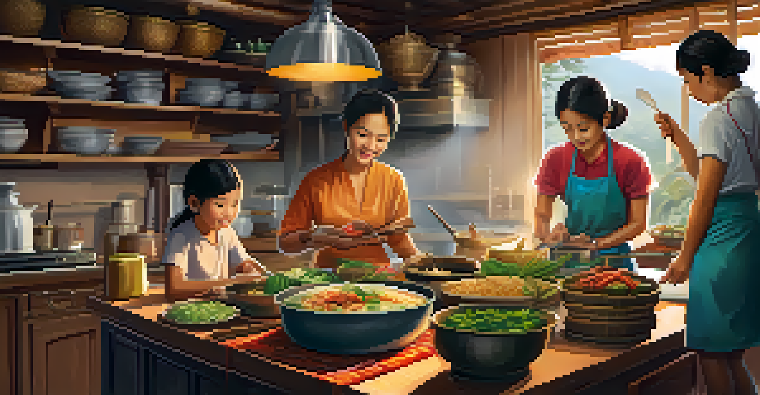 A warm kitchen atmosphere where a family is preparing a traditional Thai meal together, surrounded by fresh ingredients and simmering dishes.