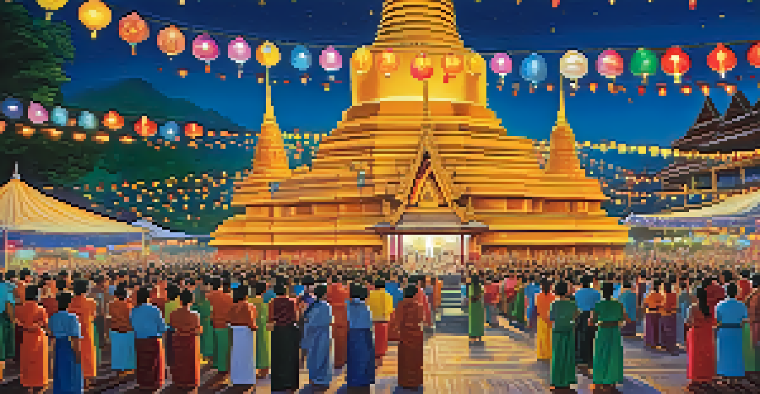 A lively Thai Buddhist festival at a temple, with decorations, chanting, and meditation taking place under a beautiful evening sky.
