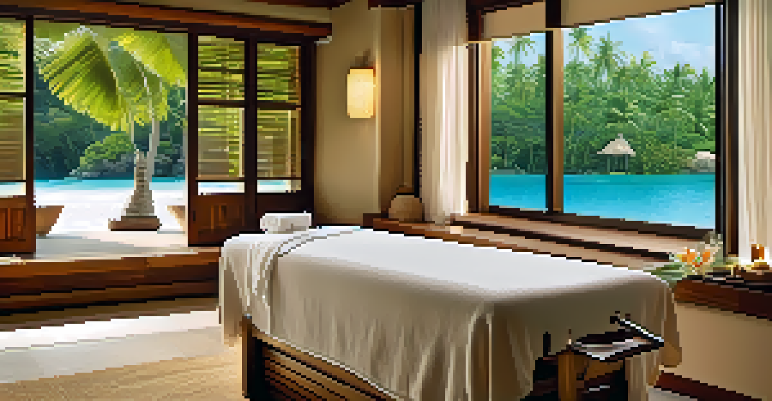 A cozy spa treatment room in a boutique resort, designed for relaxation with a beach view.