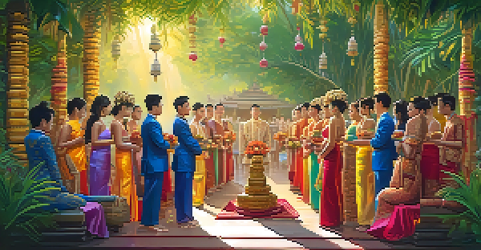 A traditional Thai wedding ceremony with a couple in colorful Chut Thai attire surrounded by tropical greenery.