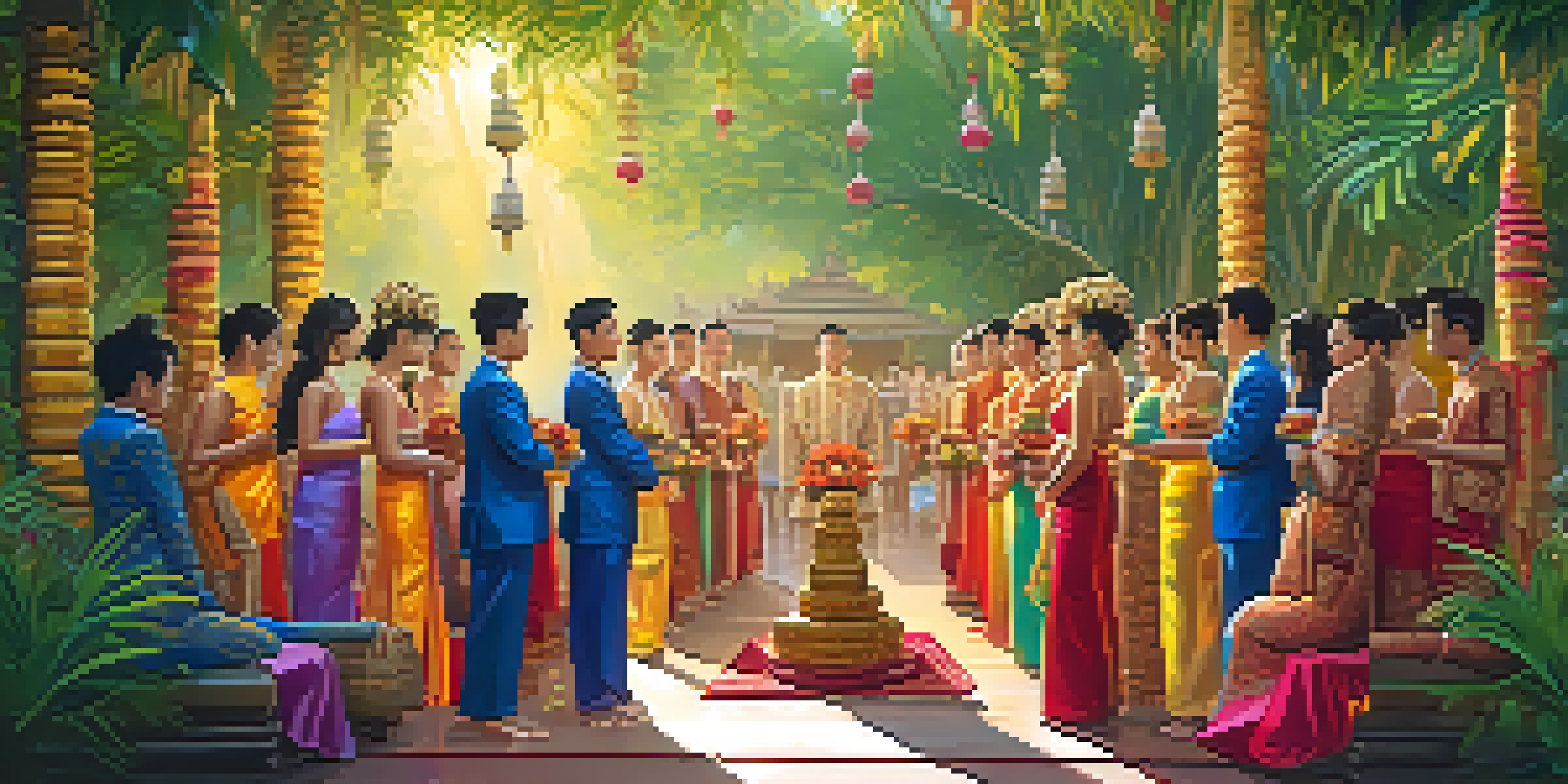 A traditional Thai wedding ceremony with a couple in colorful Chut Thai attire surrounded by tropical greenery.