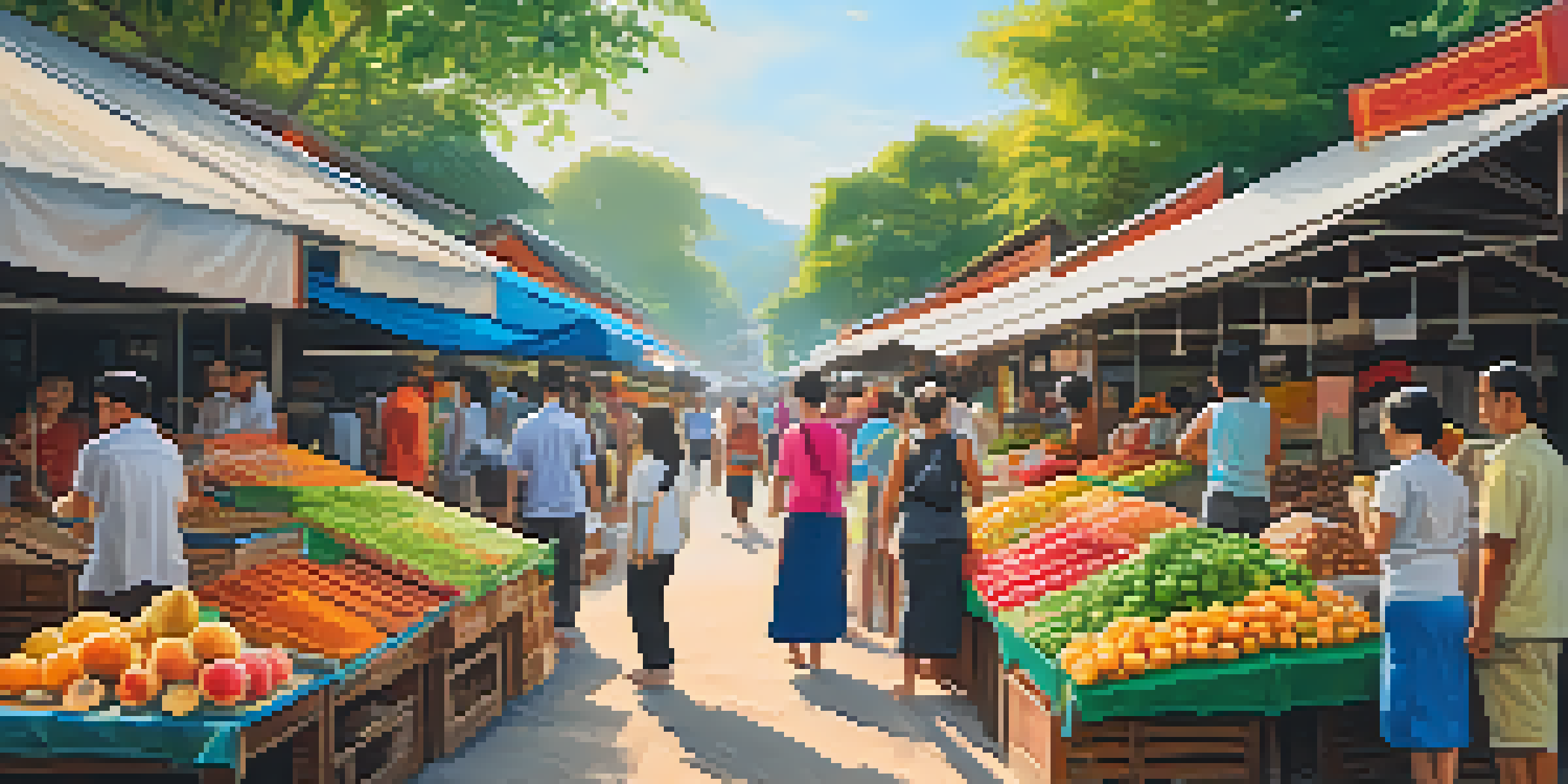 A lively Thai street market with colorful stalls and people engaging with local vendors under bright sunlight.