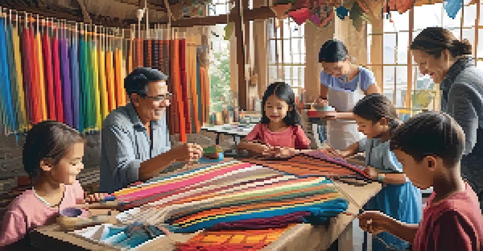 A family engaging in a craft workshop at an art fair, with children learning from an elder artisan in a colorful environment.