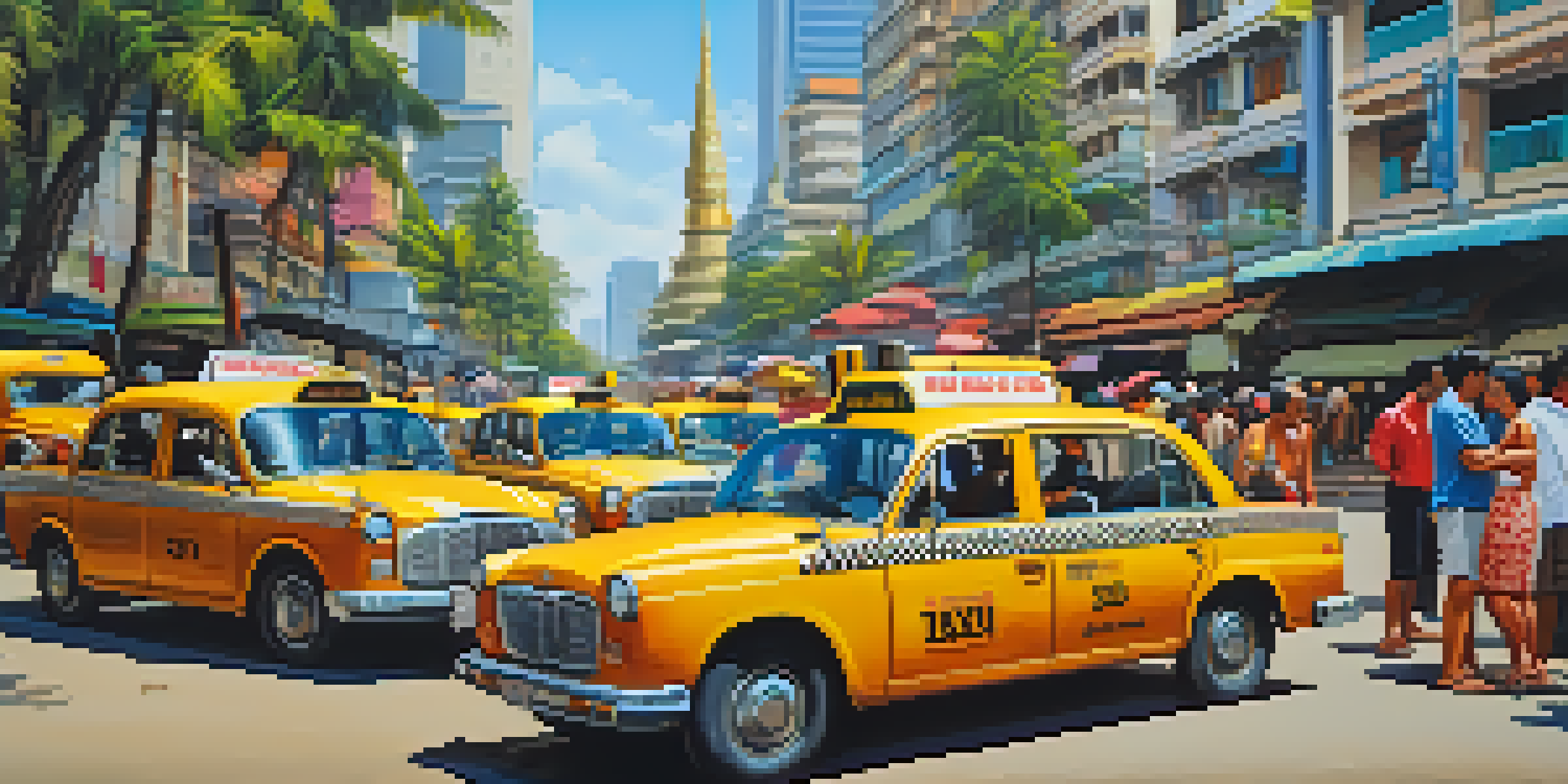 A busy taxi stand in Bangkok with colorful taxis, people interacting, and tall buildings in the background under a clear blue sky.