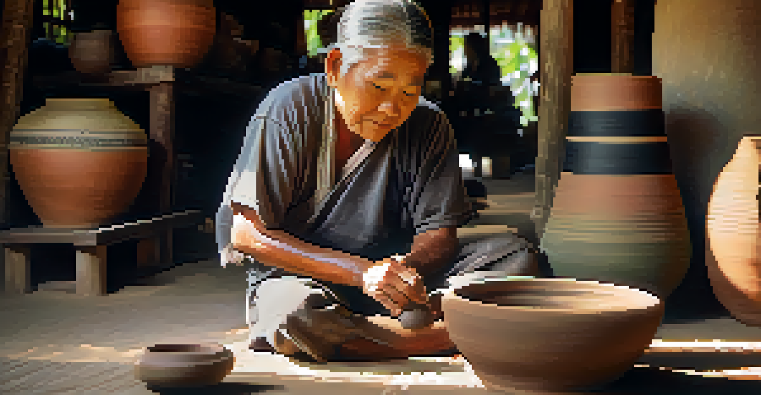 A local artisan in Chiang Mai crafting pottery, showcasing their skilled hands and natural light illuminating the scene.