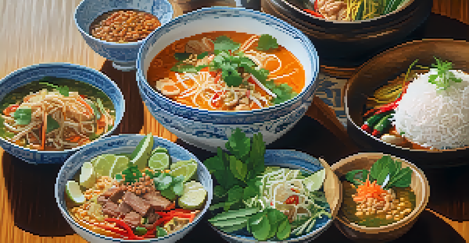 A close-up view of a wooden table showcasing traditional Thai dishes, beautifully arranged with fresh herbs and vegetables in soft natural light.