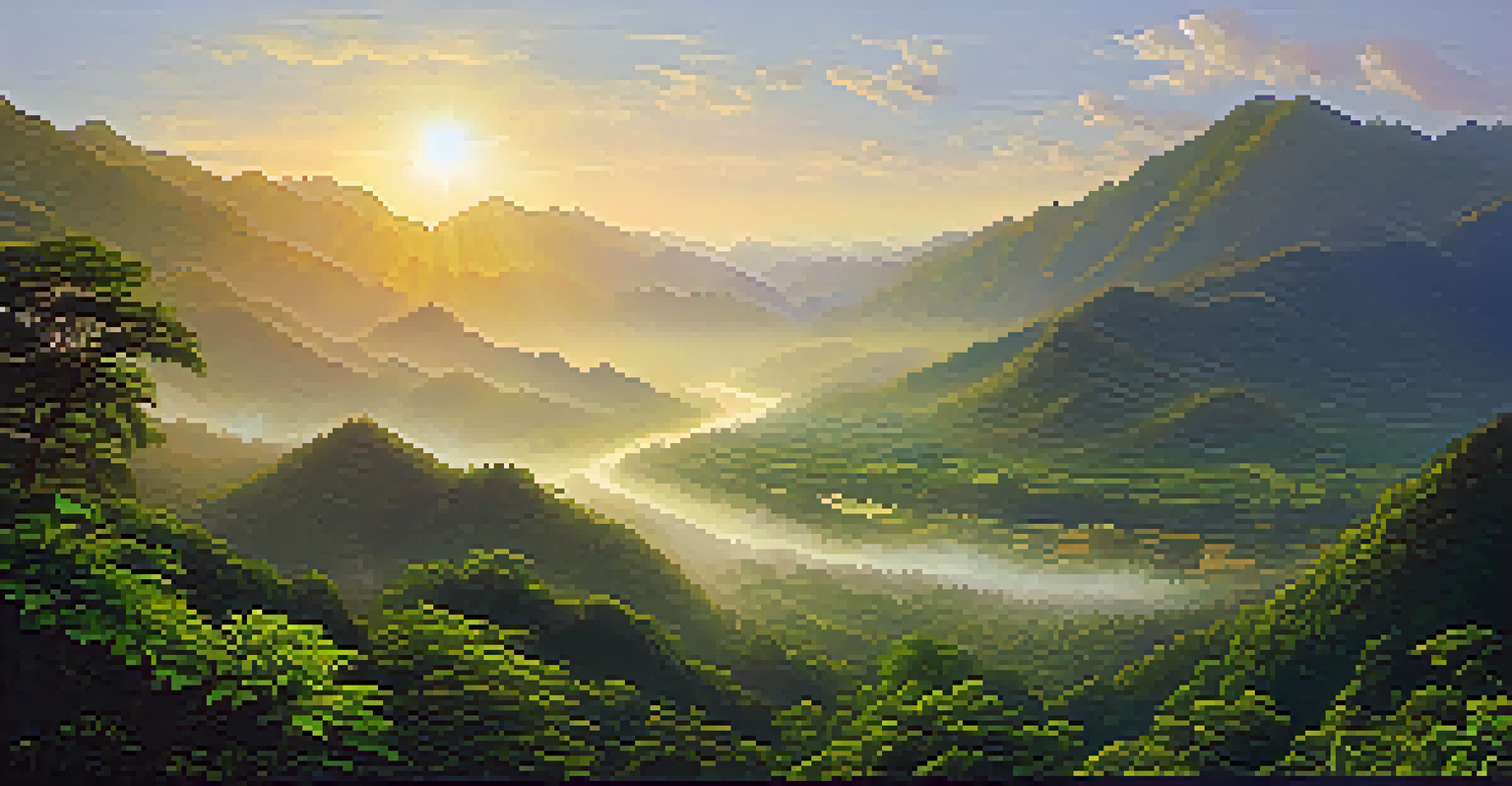 A stunning view of mountains in Chiang Mai with mist, greenery, and a river in the valley.