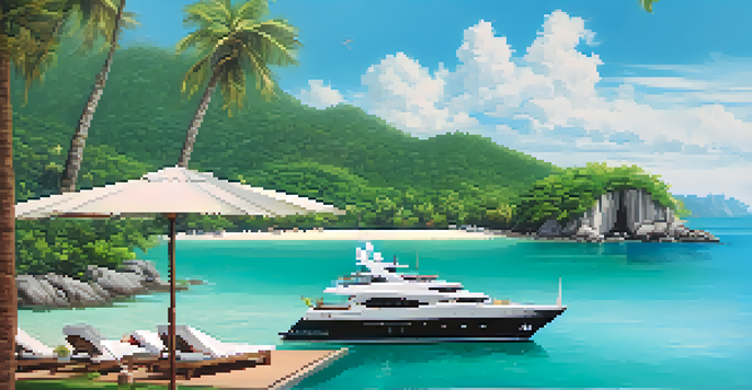 A private yacht in turquoise waters near Koh Samui, with couple enjoying a meal on the deck and lush islands in the background.