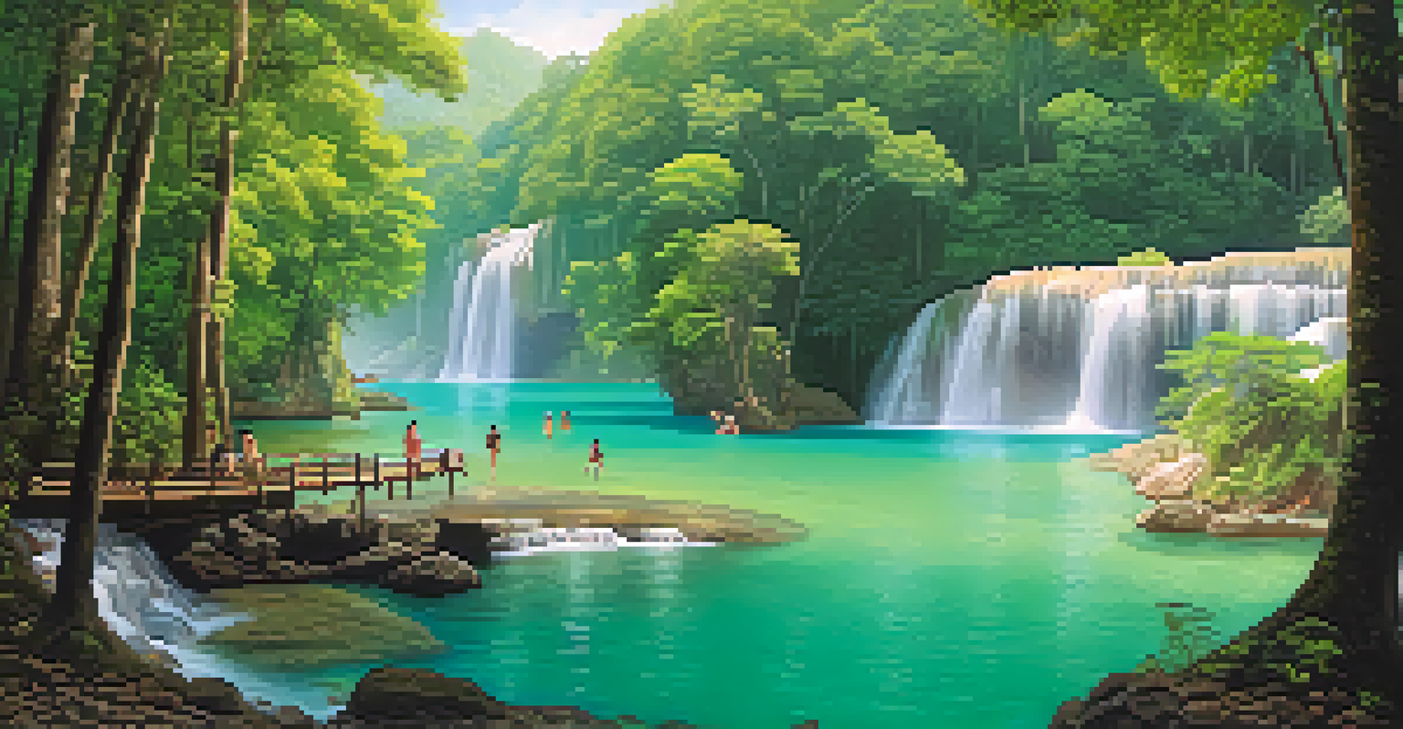 Families hiking in Erawan National Park, with beautiful waterfalls and lush greenery surrounding them.